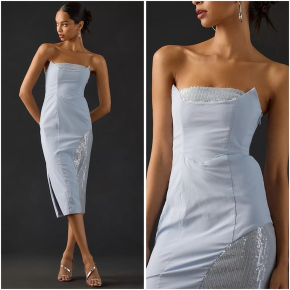 By Anthropologie • NWT Strapless Slim Midi Dress Blue Sequin 16 Party Cocktail - Picture 1 of 13
